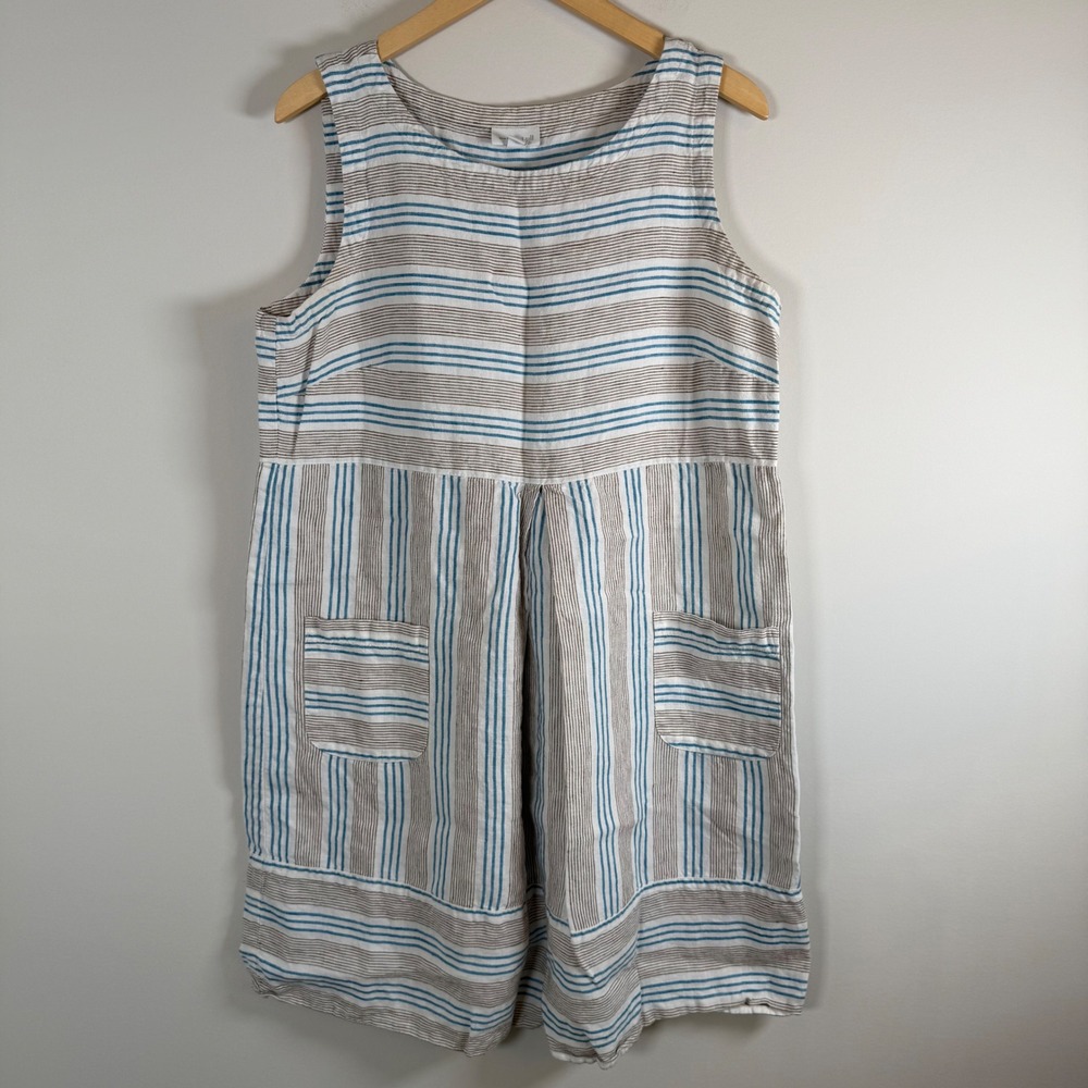 J.Jill Love Linen 100% Linen Mini Dress Large Petite Striped Sleeveless Pleated